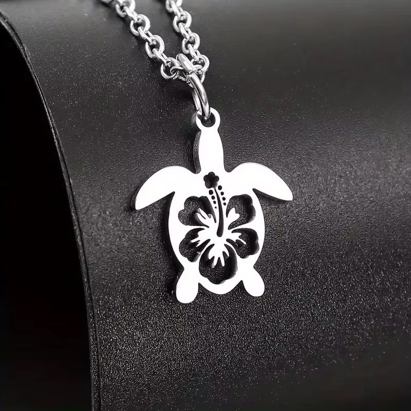 Stainless Steel Turtle Hibiscus Design Necklace