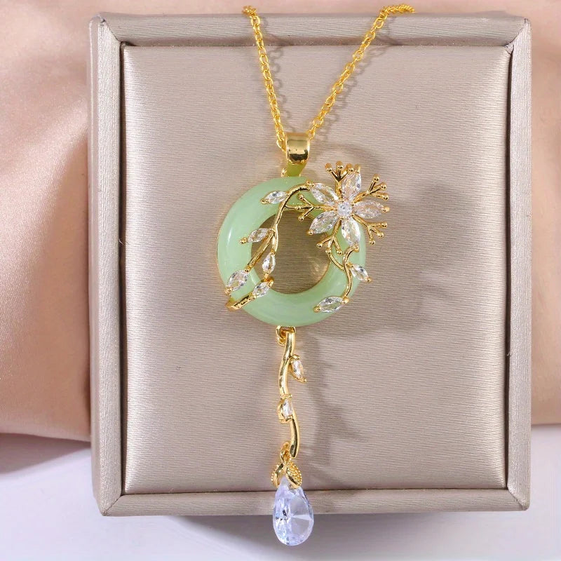Stainless Steel Zircon Vine Flower Jade Necklace