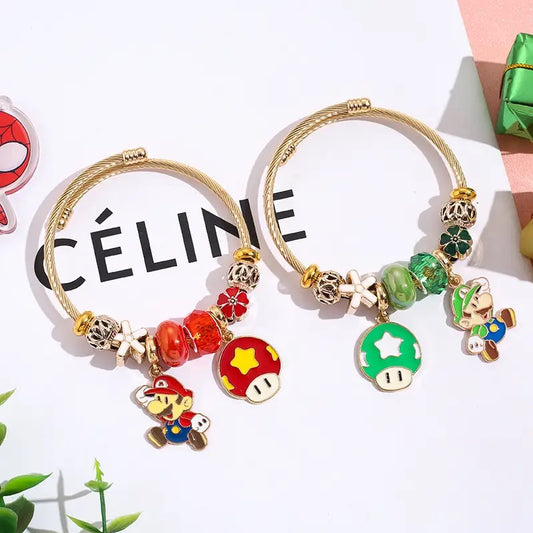 Stainless Steel Mario & Luigi Mushroom Charm Bracelet