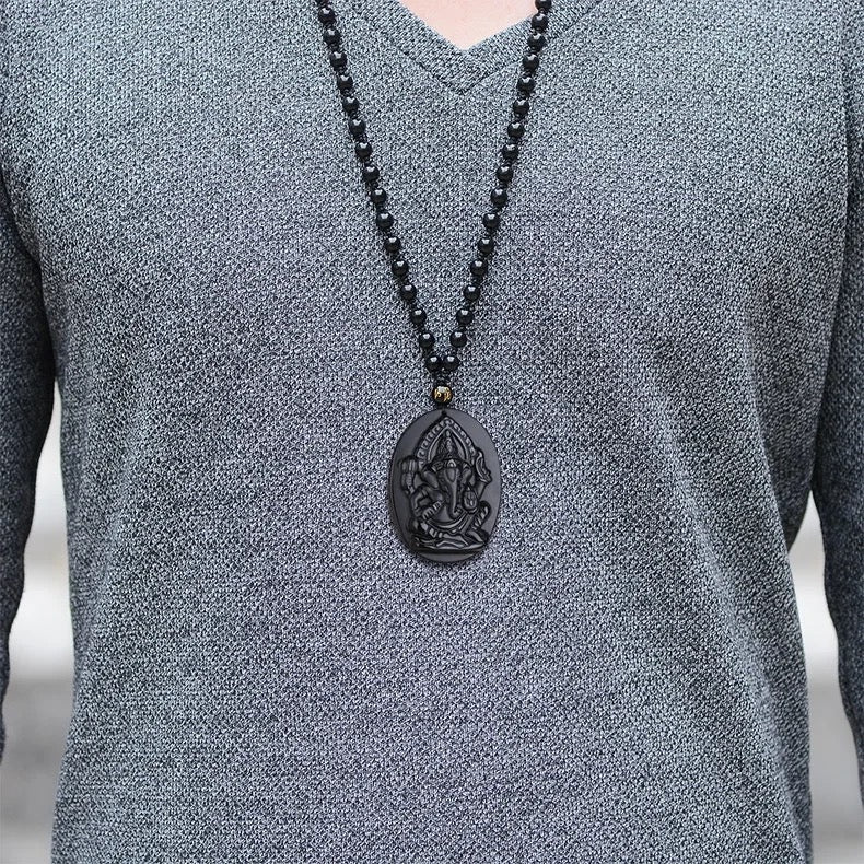 Lord Ganesh Obsidian Necklace