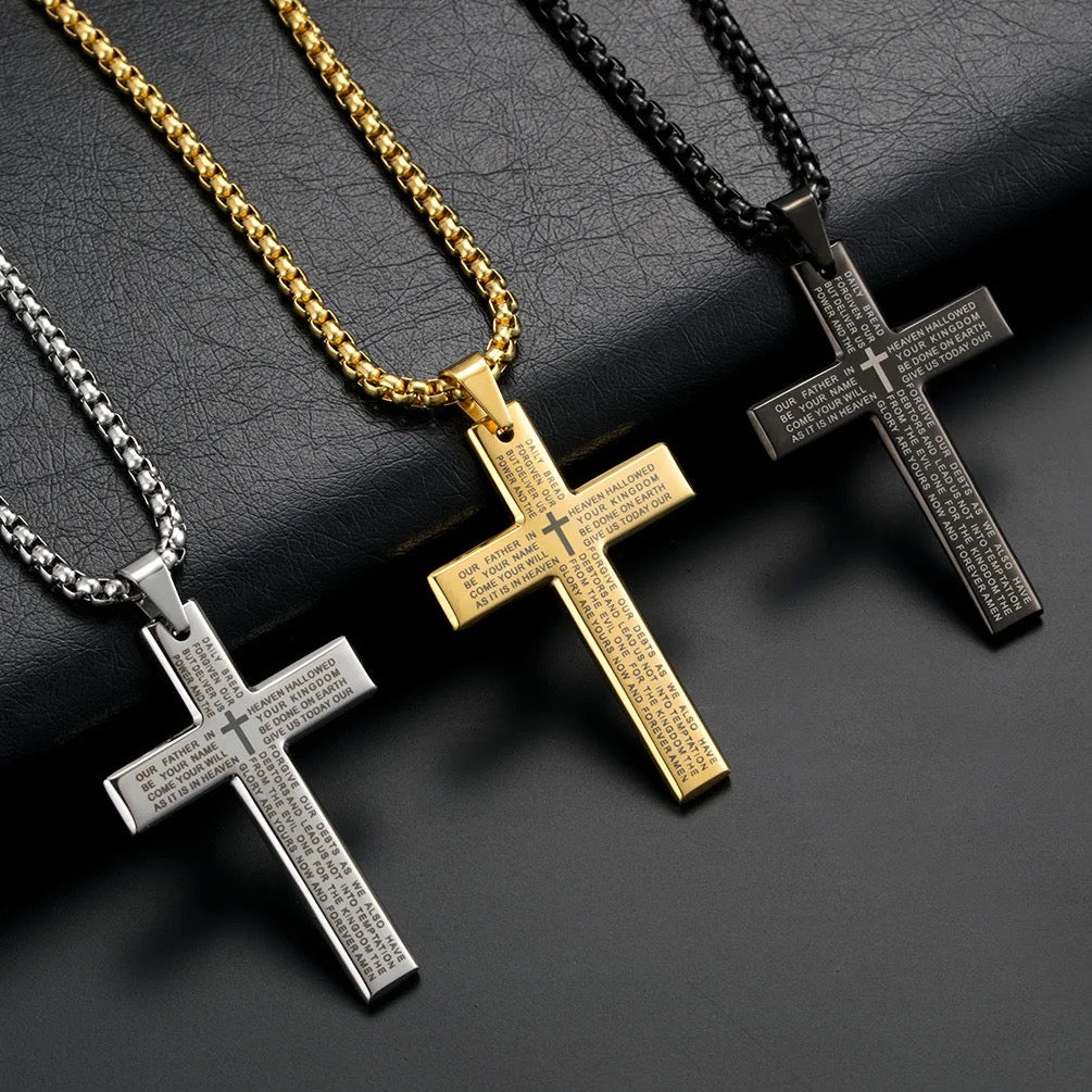 Stainless Steel Christian Cross Necklace With “Our Father Prayer” Engraved