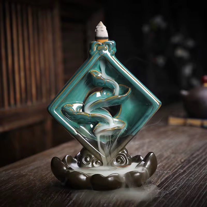 Ceramic Zen Style Chinese Back-Flow Incense Holder + 10 Free Incense Cones