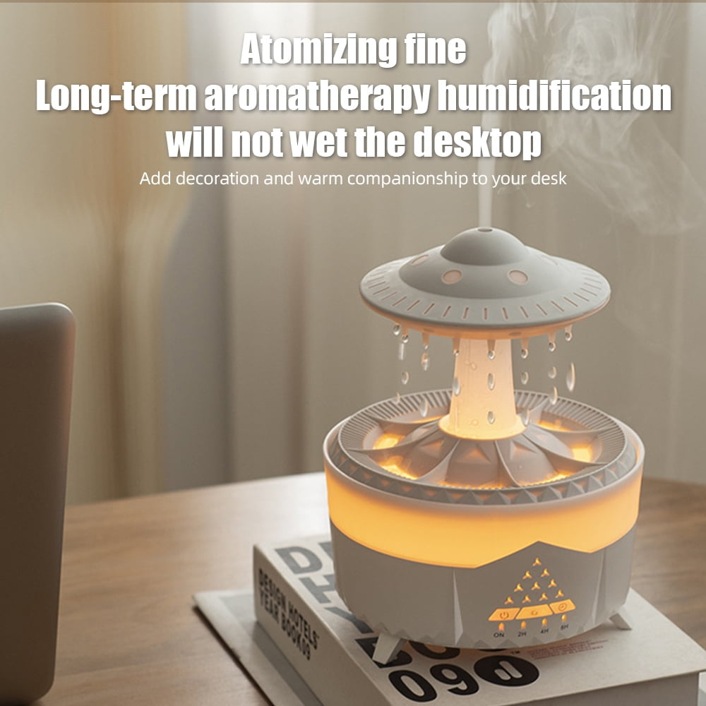 White UFO Rain Humidifier, 7-Color LED Aroma Diffuser + Remote Control