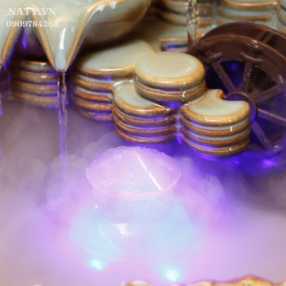 Feng Shui Elephant Crystal Ball Back-Flow Incense Holder & Waterfall Mist Maker with Ring Light Ornamental Set