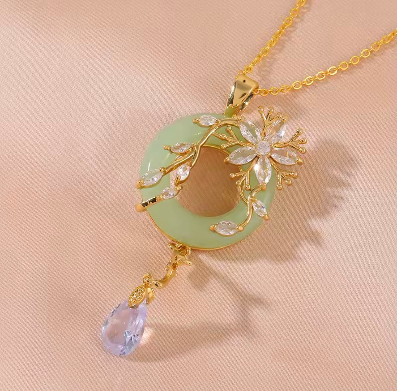 Stainless Steel Zircon Vine Flower Jade Necklace