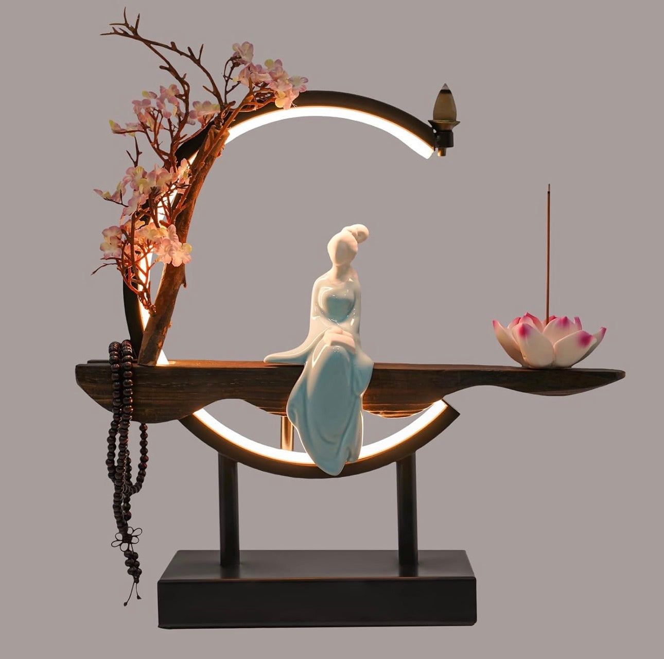 Buddha Back-Flow Incense Holder with Cherry Blossom Floral & Ring Light Ornamental Set