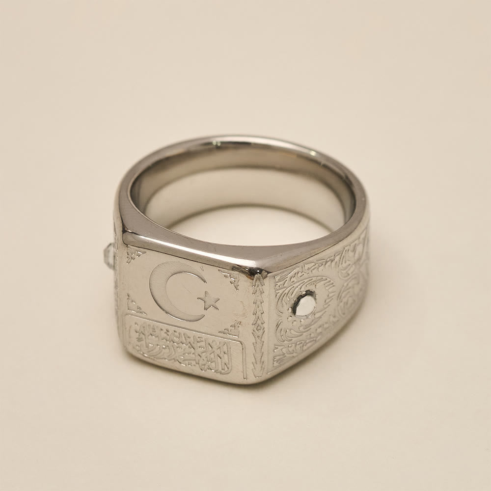Shahada Crescent & Star Stainless Steel Signet Ring