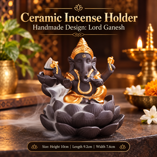 Ceramic Lord Ganesh Back Flow Incense Holder + 10 Free Incense Cones