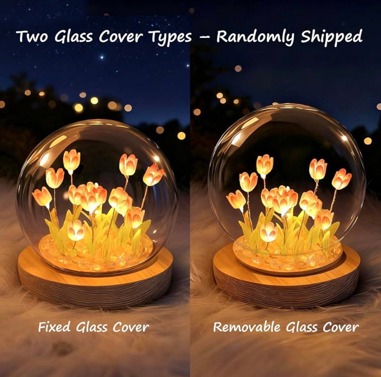 Romantic Tulip Lamp With Wooden Base & Glass Dome - Battery Powered