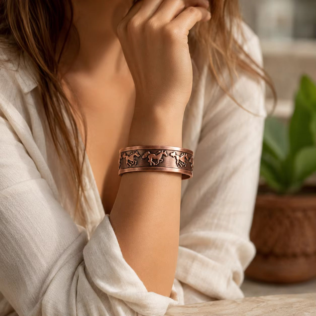 Adjustable Ultra Strength Pure Copper Magnetic Bracelet & Ring Set  (99.99% Copper) Embossed Running Horse Design