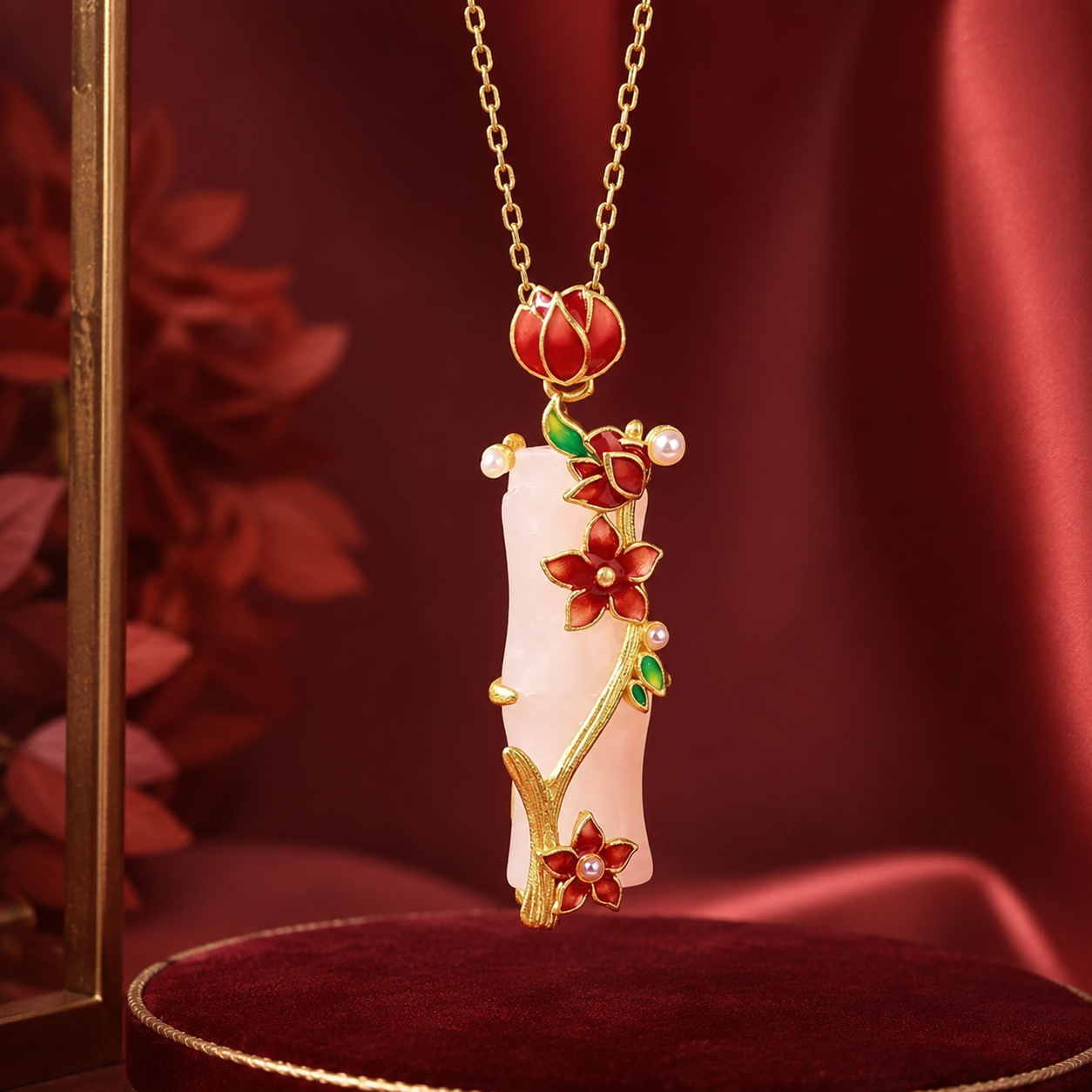 White Jade Floral Bamboo Necklace