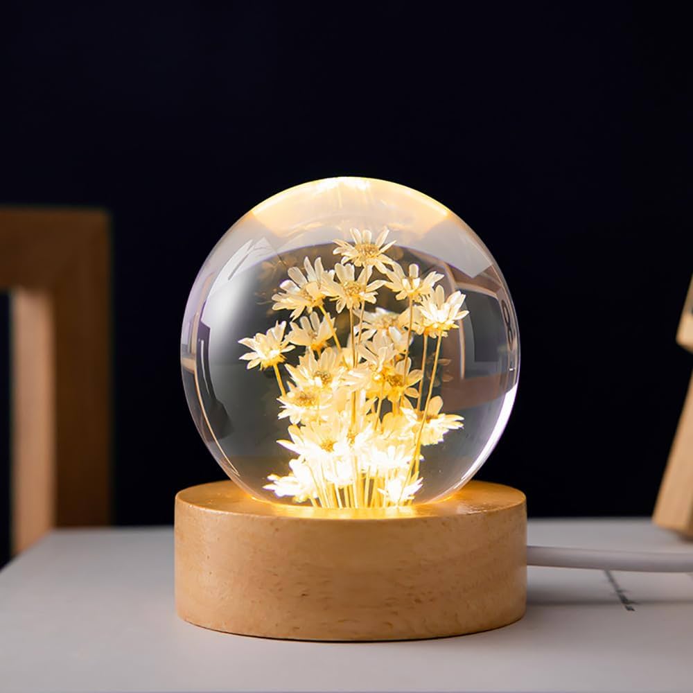 8cm Eternal / Immortal Flower Resin Sphere Lamp with USB LED Wooden Base
