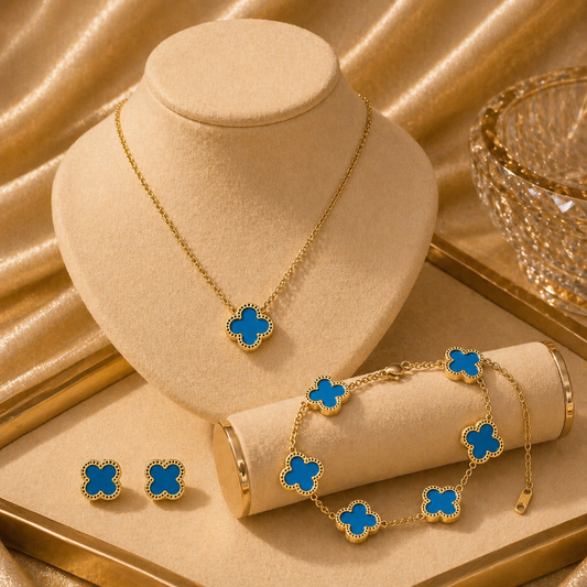 High Quality Stainless Steel Van Cleef Inspired Clover 3pc Set (Blue)