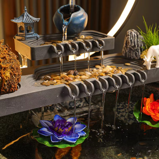 Ceramic Feng Shui Teapot Back-Flow Incense Holder & Waterfall Mist Maker with Ring Light Ornamental Set