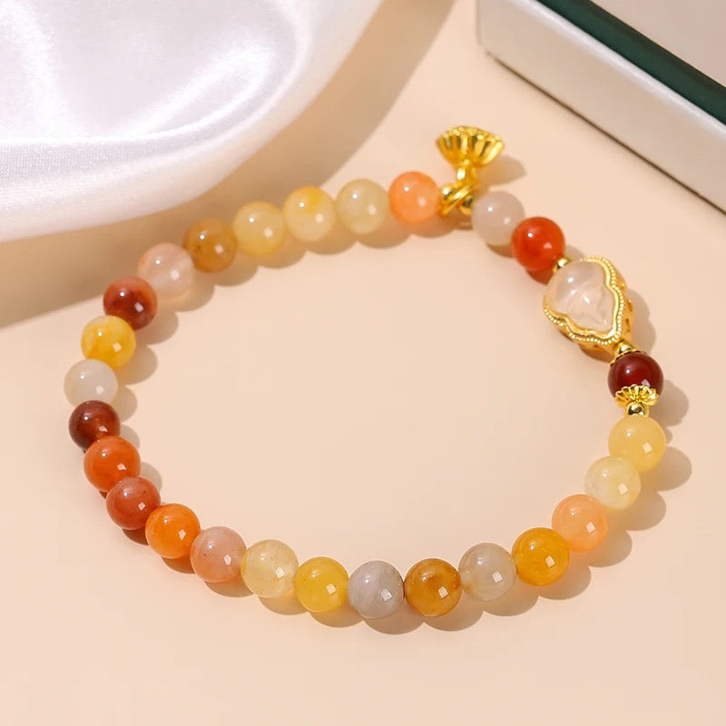 Natural Golden Silk Jade Lucky Feng Shui Gourd Bracelet (6mm)