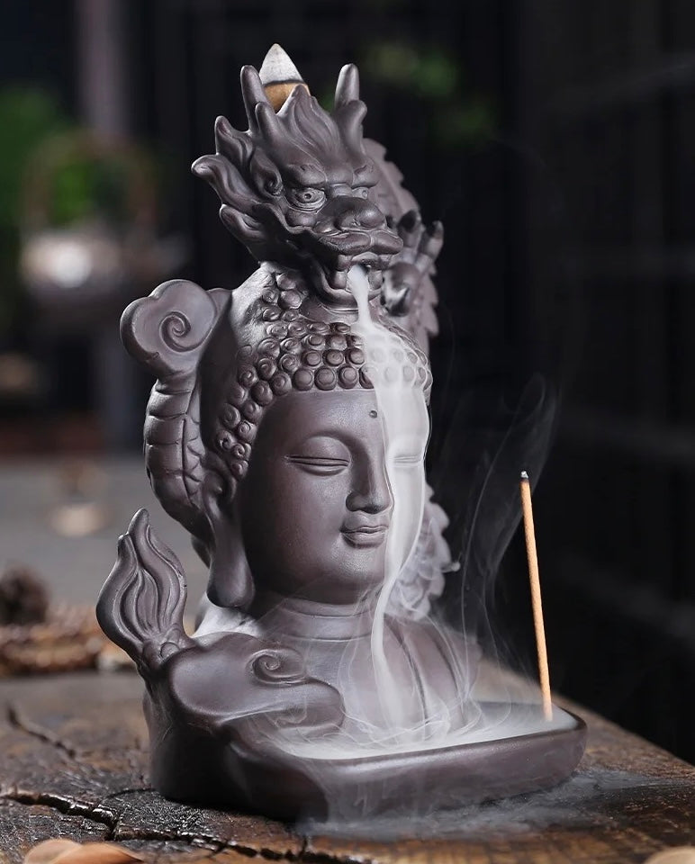 Buddha & Deagon Incense Holder + 10 Free Back-Flow Incense