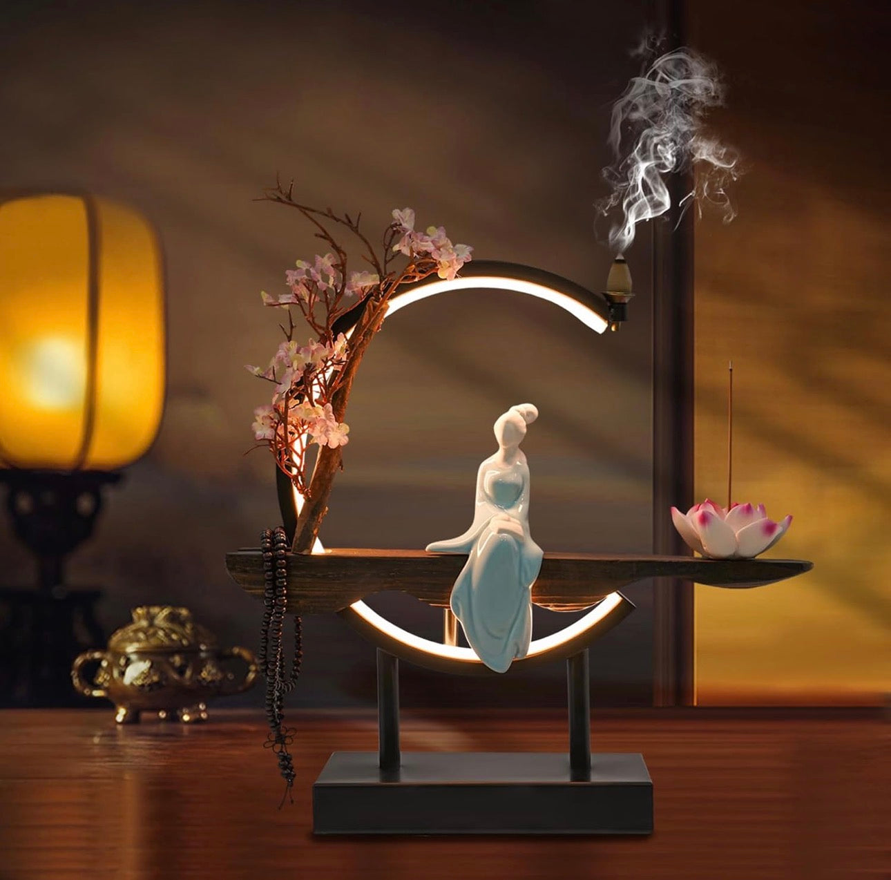 Buddha Back-Flow Incense Holder with Cherry Blossom Floral & Ring Light Ornamental Set