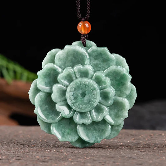 Natural Jade Carved Lotus Pendant Necklace