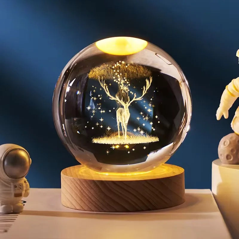 3D Laser Engraved 8cm Glass Crystal Ball Lamp (Reindeer)