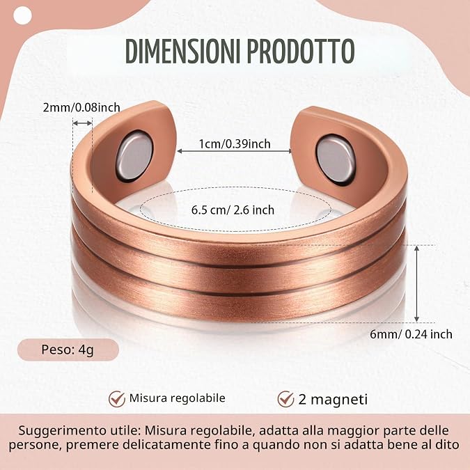 Adjustable Ultra Strength Pure Copper Magnetic Bracelet & Ring Set  (99.99% Copper)