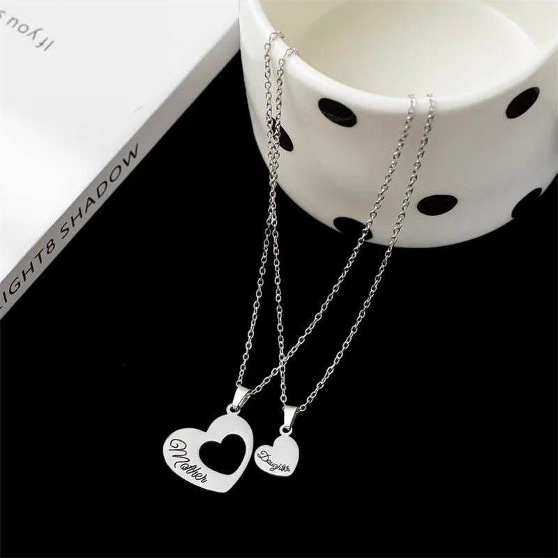 Stainless Steel Mother & Daughter Engraved Heart Necklace 2pc