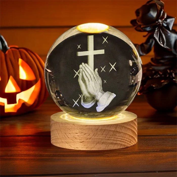 3D Laser Engraved 8cm Glass Crystal Ball Lamp (Christian Prayer Cross)