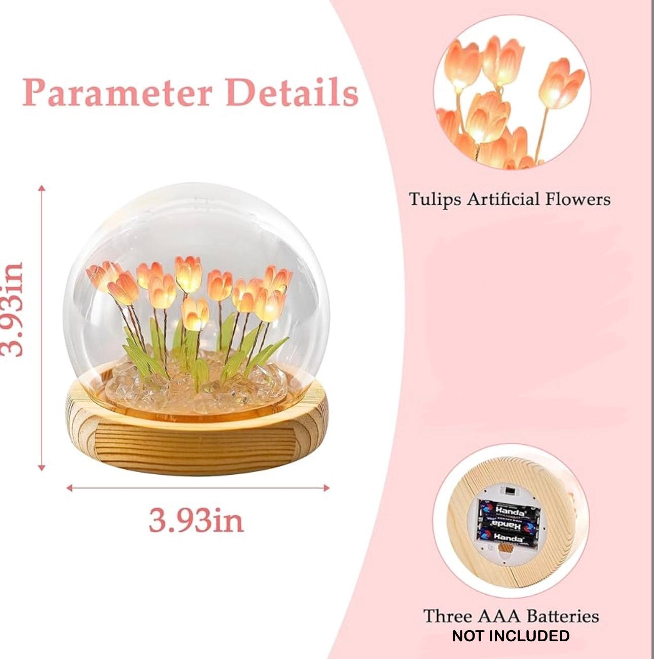 Romantic Tulip Lamp With Wooden Base & Glass Dome - Battery Powered