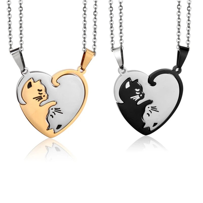 Stainless Steel Couples Heart Distance Cat Necklace 2pc