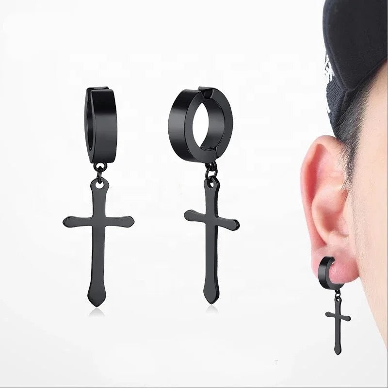 Unisex-Men’s Stainless Steel Clip On / Magnetic Cross Earrings (No Piercing Earrings)