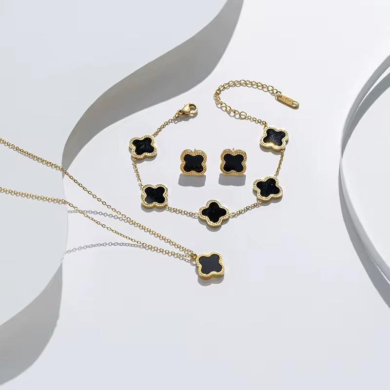 High Quality Stainless Steel Van Cleef Inspired Clover 3pc Set (Black)