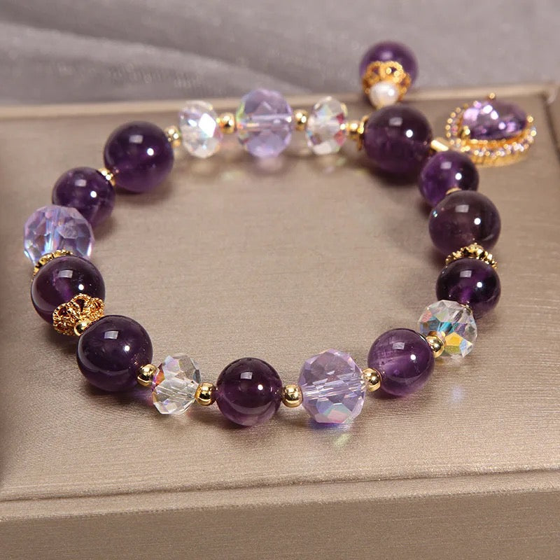 Natural Amethyst Zircon Charm Bracelet (8MM Beads)