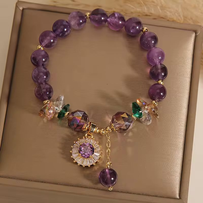 Natural Amethyst Zircon Flower Charm Bracelet (8MM Beads)