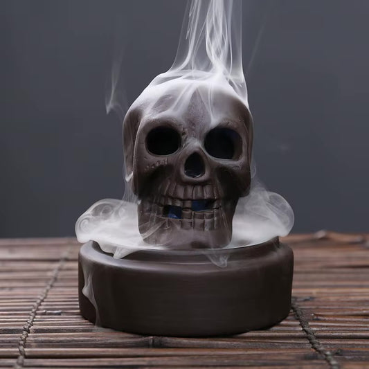 Ceramic Skull Designed Wind Proof Back-Flow Incense Holder + 10 Free Incense Cones