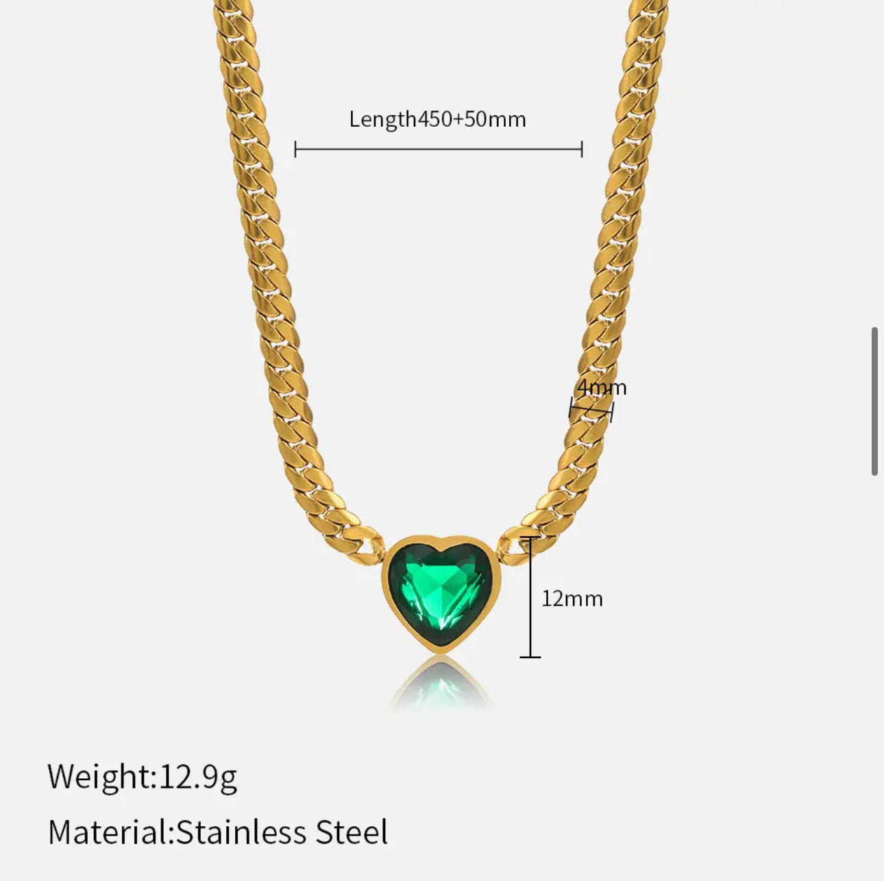 Stainless Steel Green Zircon Heart Necklace