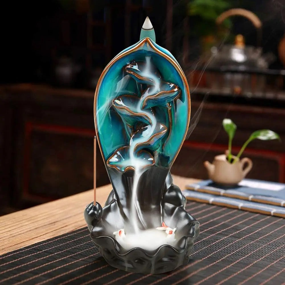 Fountain Koi Pond Designed Back-Flow Incense Holder + 10 Free Incense Cones