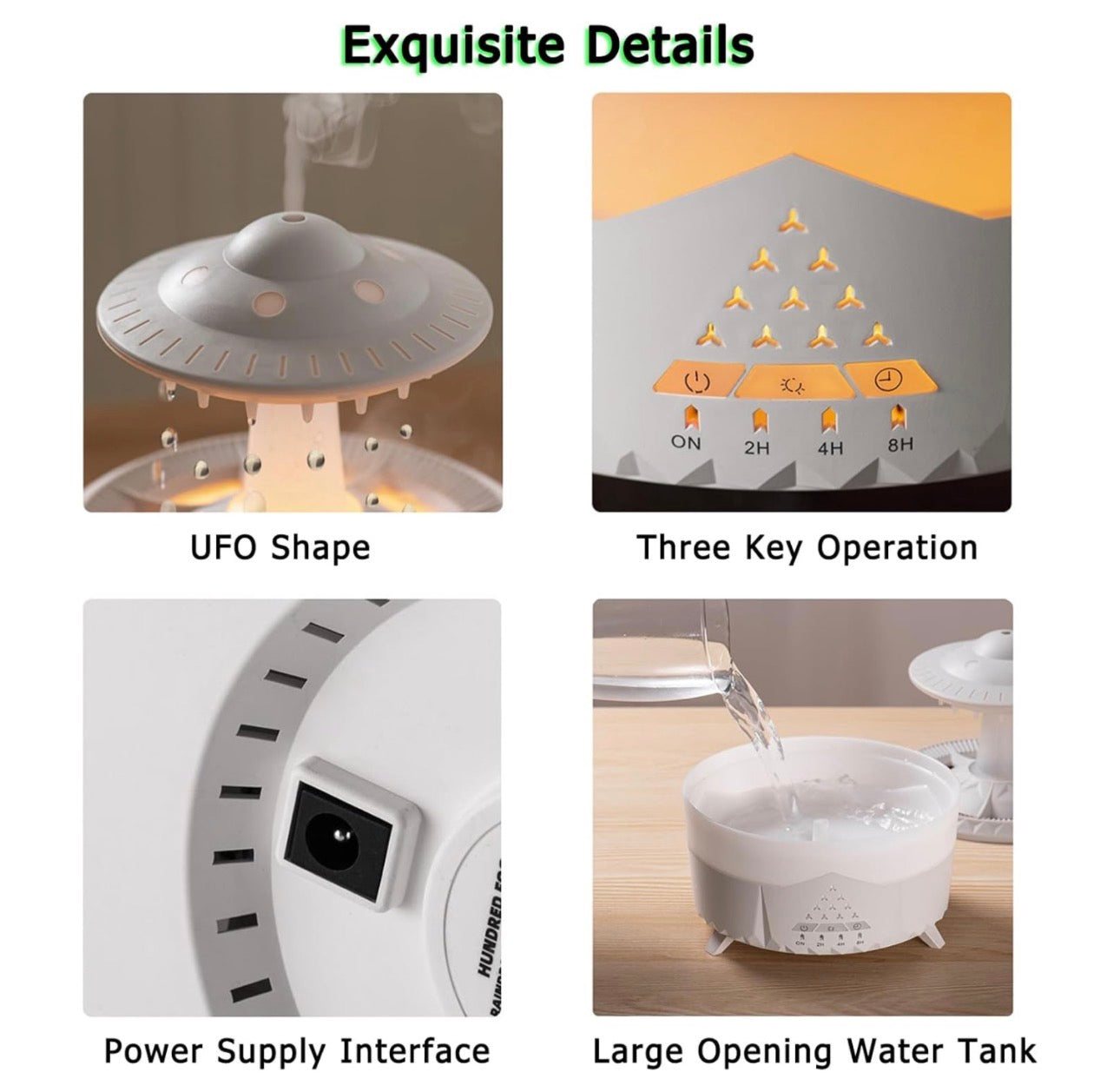 White UFO Rain Humidifier, 7-Color LED Aroma Diffuser + Remote Control