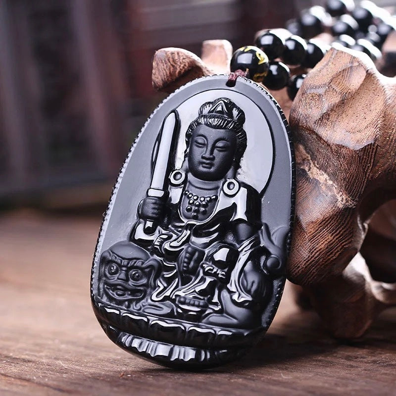 Bodhisattva Carved Obsidian Stone Adjustable Necklace