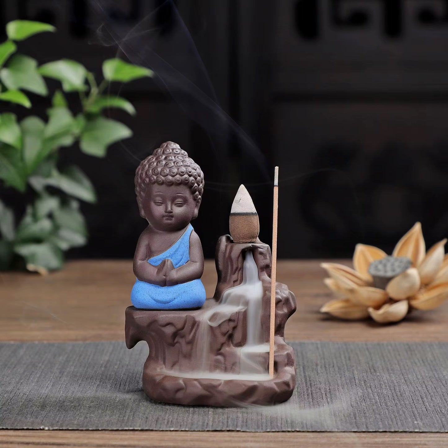 Ceramic Mini Buddha Designed Back-Flow Incense Holder + 10 Free Incense Cones