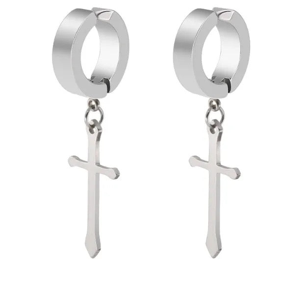 Unisex-Men’s Stainless Steel Clip On / Magnetic Cross Earrings (No Piercing Earrings)