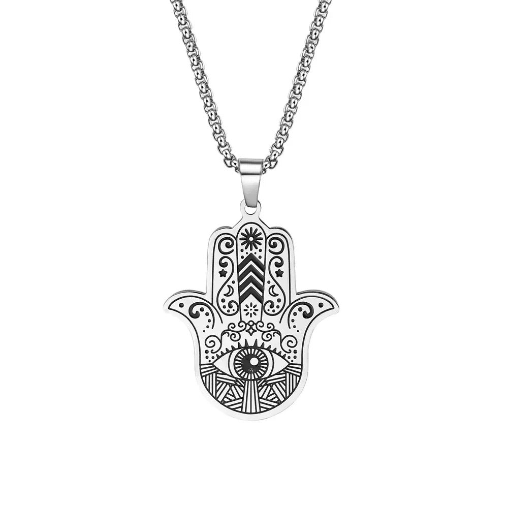 Stainless Steel Evil Eye Hamsa Hand Necklace