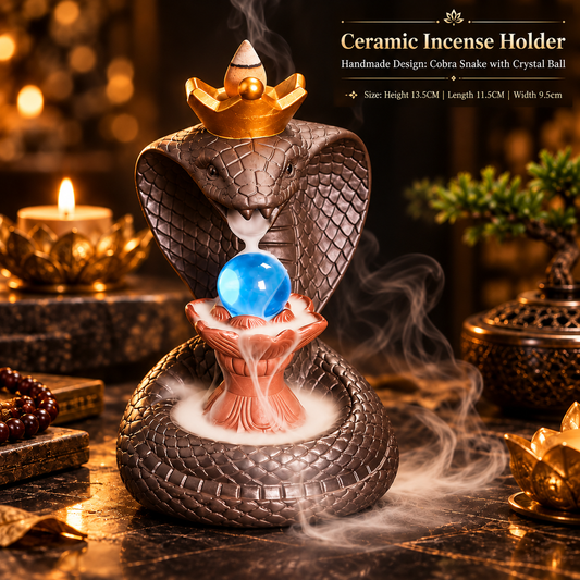 Ceramic Cobra Snake Crystal Ball Back Flow Incense Holder + 10 Free Incense Cones