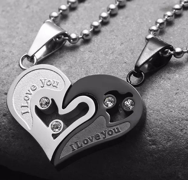 Stainless Steel “I Love You” Couples Distance Heart Necklace 2pc