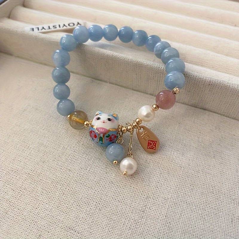 Crystal Blue Agate Lucky Cat Charm Bracelet (8mm)