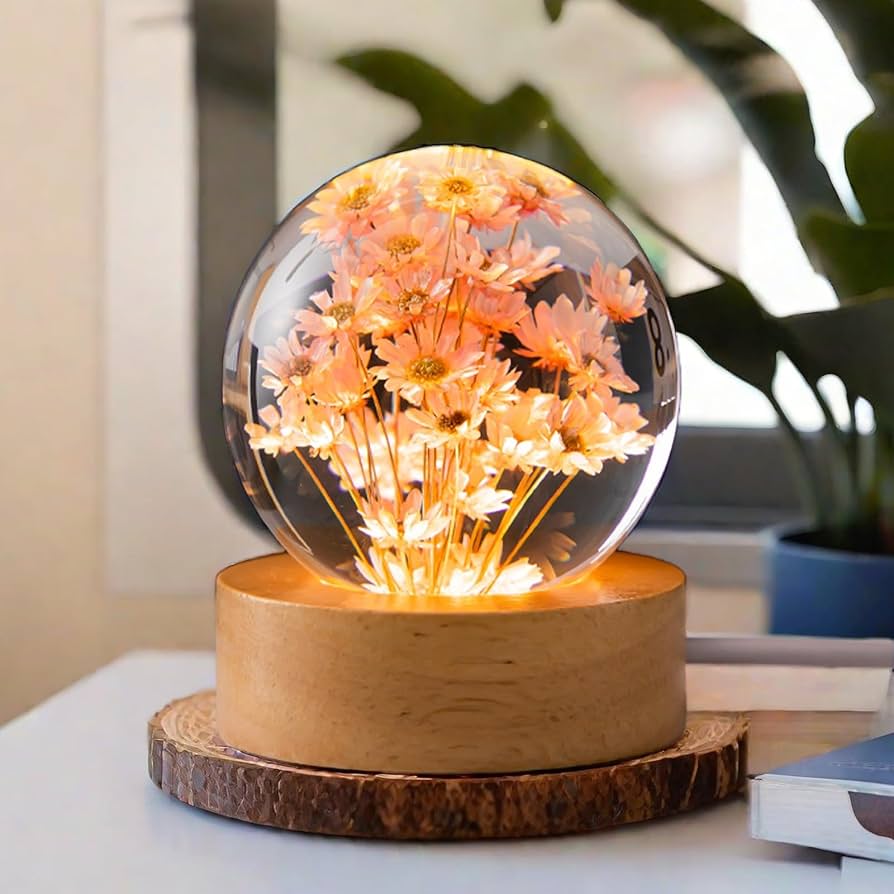8cm Eternal / Immortal Flower Resin Sphere Lamp with USB LED Wooden Base