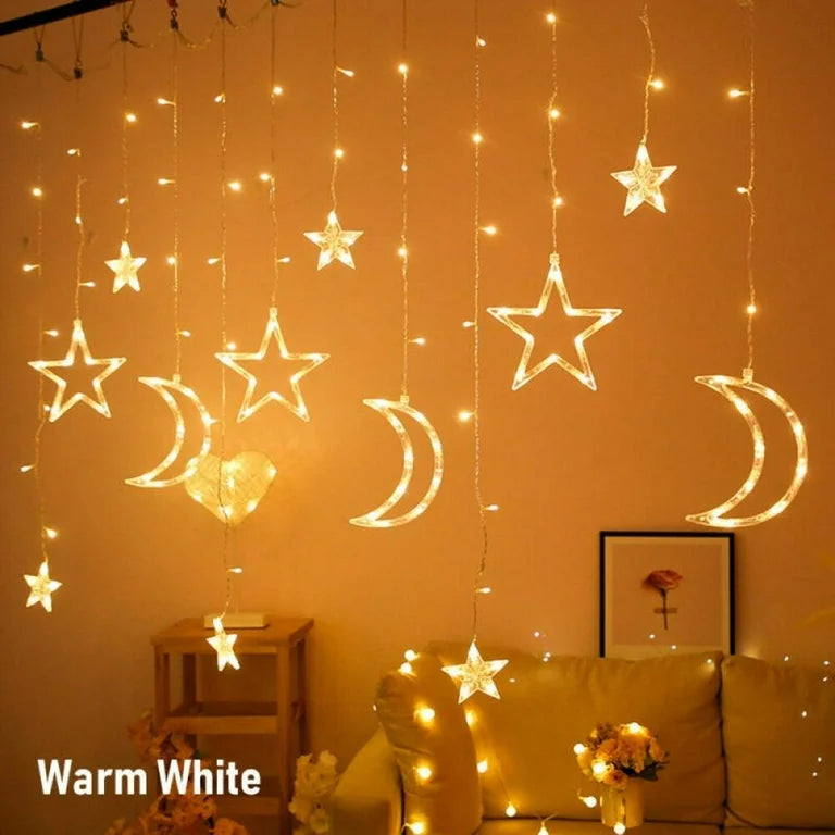 Islamic Cresent and Star Curtain LED String Lights + Remote (8 Modes)