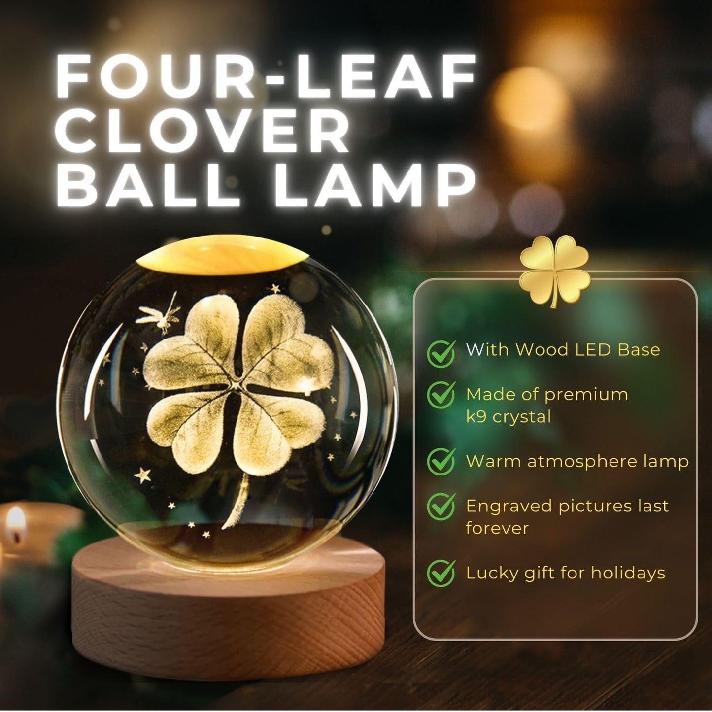 3D Laser Engraved 8cm Glass Crystal Ball Lamp (Lucky 4-Leaf Clover )