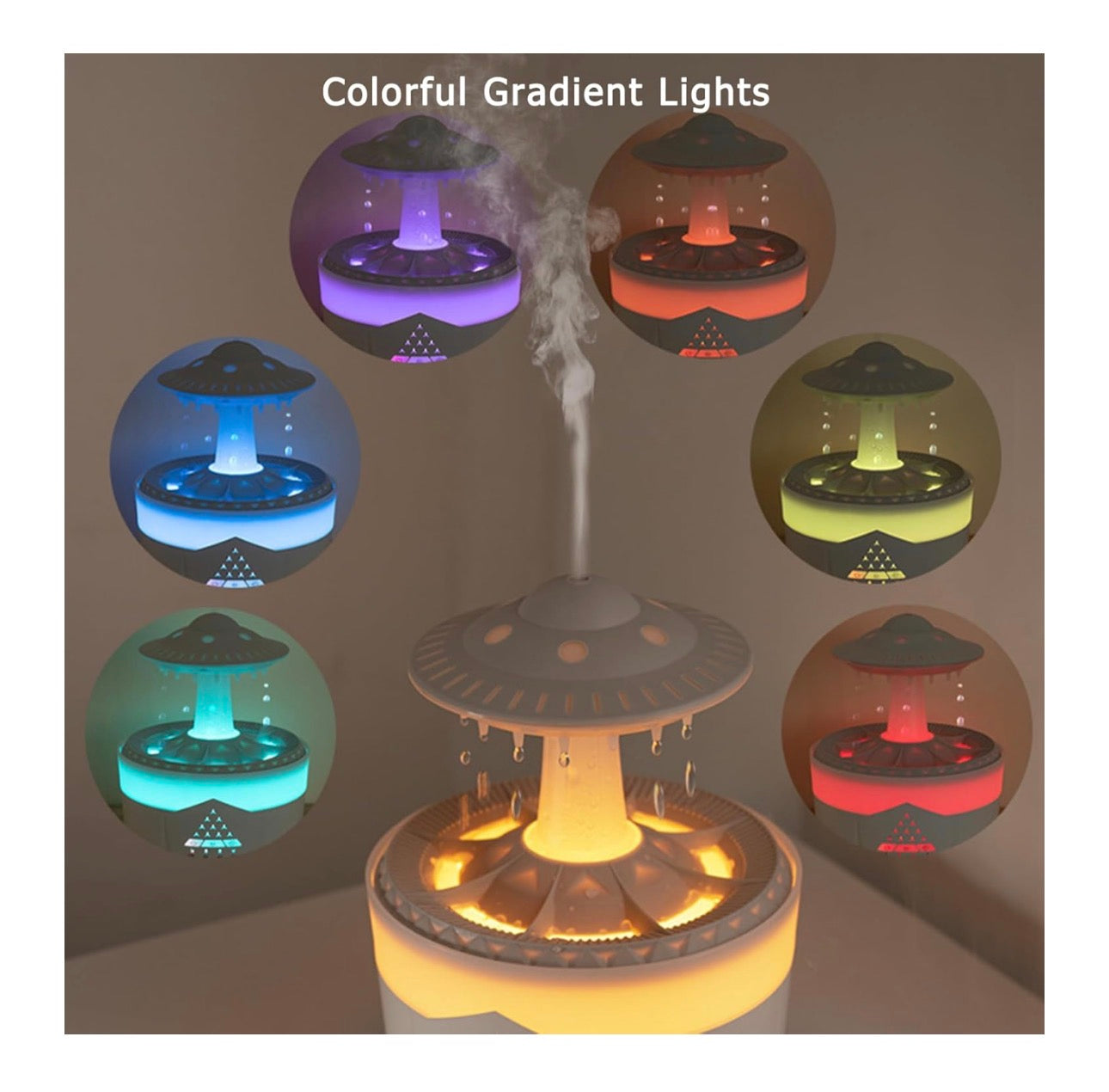 White UFO Rain Humidifier, 7-Color LED Aroma Diffuser + Remote Control