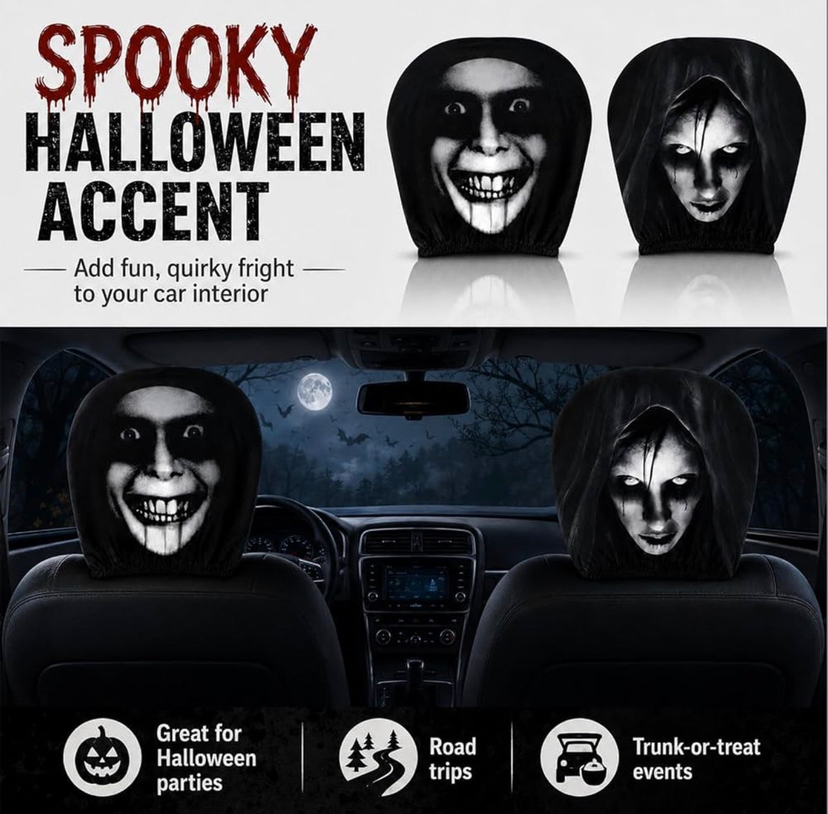 Halloween Scary Face Car Headrest Covers – 2 Piece Set