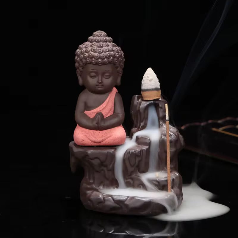Ceramic Mini Buddha Designed Back-Flow Incense Holder + 10 Free Incense Cones