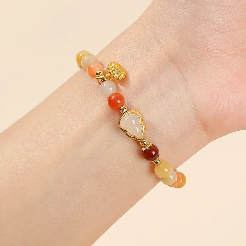 Natural Golden Silk Jade Lucky Feng Shui Gourd Bracelet (6mm)